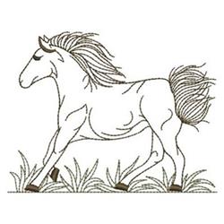 Galloping horse in line art style with flowing mane and tail, set against grassy foreground.