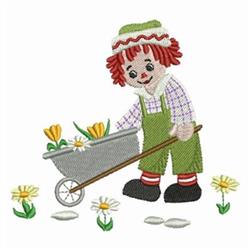 Whimsical gardener with red hair in green overalls tending flowers from a wheelbarrow in vibrant spring colors.