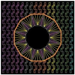 Quilting circular design with vibrant geometric patterns, featuring an orange outline and a black center against a pastel rai