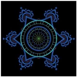 Geometric quilt square with a central circular pattern in blue, featuring symmetrical shapes and bold contrast against black.