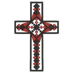 Geometric cross in red and black with bold outlines on a white background, perfect for religious decor.