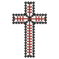 Geometric cross design in black and red, showcasing interlocking shapes and modern patterns, perfect for religious decor.