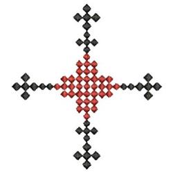Modern geometric design featuring red and black diamond shapes in a cross pattern, showcasing symmetry and bold contrast.