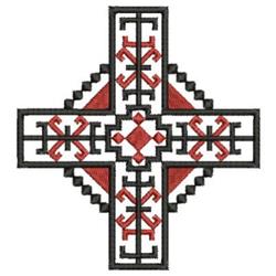 Geometric cross in bold design with intricate detailing, black outline, and striking red accents.