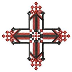Geometric design with a bold red and black symmetrical cross pattern featuring intricate shapes.