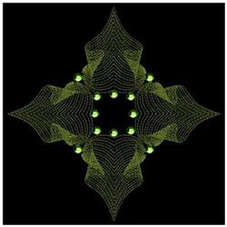 Quilting geometric design with flowing green lines and circular accents on a solid black background.