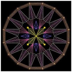 Geometric mandala design featuring vibrant star shapes and leaf patterns in detailed circular arrangement.