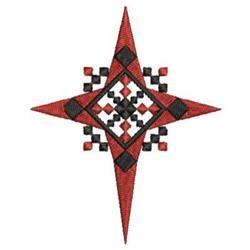 Geometric star in vibrant red with intricate black patterns, symmetrical design for modern decor.