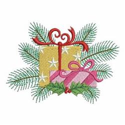 Decorative gift boxes in yellow and pink, wrapped with ribbons, surrounded by pine branches for a festive Christmas theme.