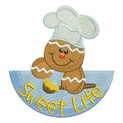 Gingerbread cookie character in a chef hat on a blue background with playful 'Sweet Life' yellow text.