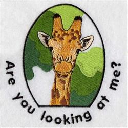 Detailed giraffe head with shades of brown against vibrant green foliage, featuring playful text ‘Are you looking at me?’