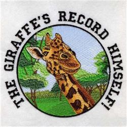 Whimsical giraffe with light and dark brown spots surrounded by green trees and blue sky in vibrant design.