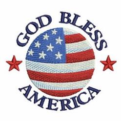 Globe with American flag featuring bold red and white stripes, circling text 'GOD BLESS' and 'AMERICA', patriotic theme.