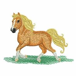 Charming horse with a golden mane trots on lush green grass, showcasing white leg markings.
