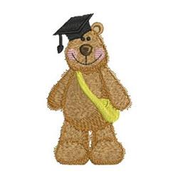 Playful bear in a black graduation cap and yellow sling bag, radiating cheer for graduation celebrations.
