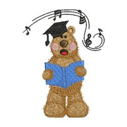 Cartoon bear in a black graduation cap sings joyfully, holding a blue book with musical notes around it.