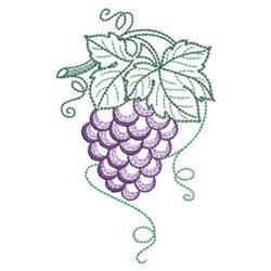 Colorful cluster of purple grapes with green leaves and swirling vines, ideal for whimsical kitchen decor.