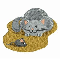 Playful gray cat with large eyes crouching over a small gray mouse on tan ground, a charming design.