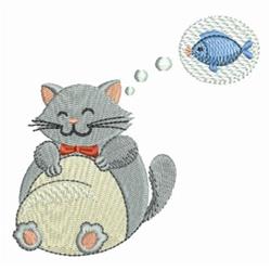 Cute gray cat with a red bow tie and round belly dreaming of a blue fish in a thought bubble, surrounded by bubbles.