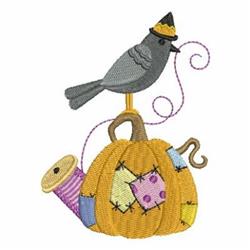 Whimsical gray jay with a hat perches on a colorful pumpkin in a fall-themed scene, with a watering can and spools of thread