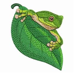 Applique green frog on a large green leaf, featuring detailed textures and a realistic style in various shades of green.