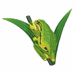 Realistic green frog with yellow accents perched on a green leaf, perfect for vibrant nature-themed embroidery.