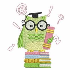 Applique green owl wearing glasses and graduation cap on colorful book stack for back to school.