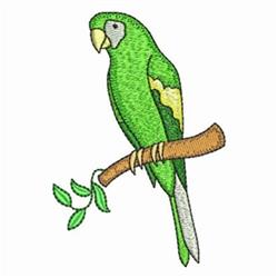 Vibrant green parrot with yellow accents perched on a wooden branch, surrounded by green leaves, in a cartoonish style.