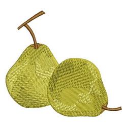 Simple embroidery of green pears with brown stems, showcasing rounded shapes and subtle texture details.