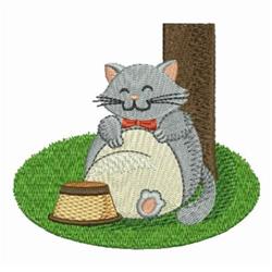 Cute grey cat with a red bow tie, sitting beside a tree, holding an egg, with a nearby straw hat on grass.