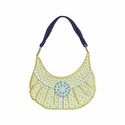 Playful handbag with vibrant yellow beadwork, blue center, and dark blue strap in a colorful design.