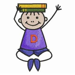 Playful cartoon child character stacking colorful books on their head, vibrant purple and yellow hues.