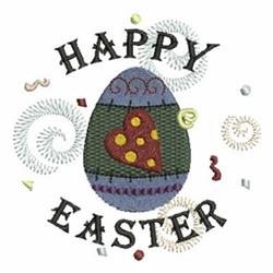 Colorful decorative egg with heart and playful dots, surrounded by swirls, celebrating Easter cheerfully.