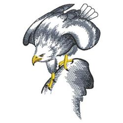 Realistic hawk with detailed gray and white feathers, sharp yellow beak, and poised wings.