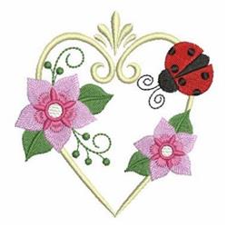Heart shape adorned with pink flowers and a cheerful red ladybug, surrounded by green leaves, perfect for spring decor.