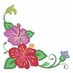 Vibrant hibiscus flowers in pink and red with lush green leaves and a small blue flower, ideal for spring.