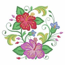 Applique hibiscus flowers in vibrant red and pink, surrounded by lush green leaves and delicate swirls.
