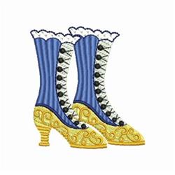 Decorative high-heeled boots showcase rich blue fabric, golden details, and white lace trim, full of whimsical charm.
