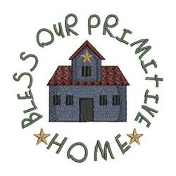 Rustic house with blue exterior and reddish-brown roof, surrounded by 'Bless Our Primitive Home' text in a circular design.