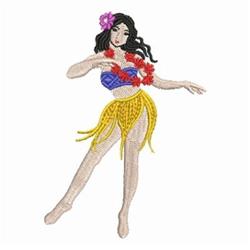Applique hula dancer in vibrant blue and red, with a yellow skirt and floral hair accessories, evoking summer joy.