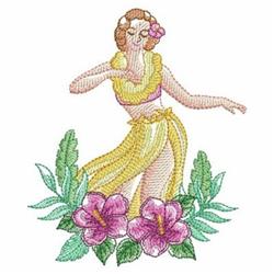 Applique hula dancer in a yellow skirt and lei, surrounded by pink flowers and green leaves, vibrant tropical vibe.