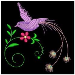 Applique purple hummingbird in flight among pink flower and green leaves, with decorative swirls.