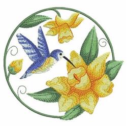 Vibrant hummingbird in flight, shades of blue and yellow, surrounded by yellow flowers and green leaves, spring floral theme.