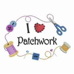 Playful text 'I Love Patchwork' with colorful buttons, thread spools, and scissors, perfect for crafting enthusiasts.