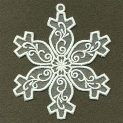 Intricate snowflake with swirling patterns and delicate outlines, set against dark green, perfect for winter decor.