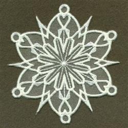 Intricate snowflake with sharp points and delicate lines, elegantly embroidered in white for winter decor.
