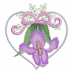 Colorful iris flower in purple surrounded by green leaves and a pink bow in a blue heart, ideal for romantic decor.