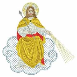 Jesus Christ in a yellow robe and red sash, seated on a cloud, radiating light with intricate detail.