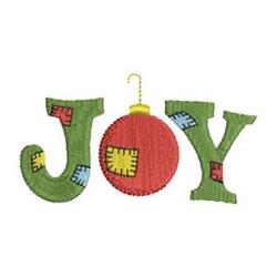 Playful 'JOY' text ornament with green letters and colorful patterns, featuring a red ornament for a festive Christmas touch.