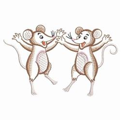Applique joyful mice with raised arms and smiling faces, showcasing a playful design in light brown and white.